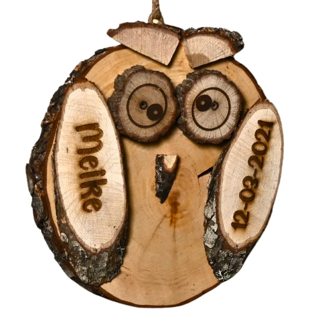 Berkenhouten uil Met of zonder eigen tekst 25cm