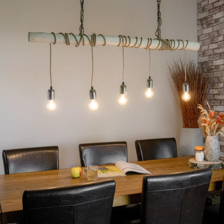 Boomstam hanglamp Met ketting en beige stofkabel B120cm