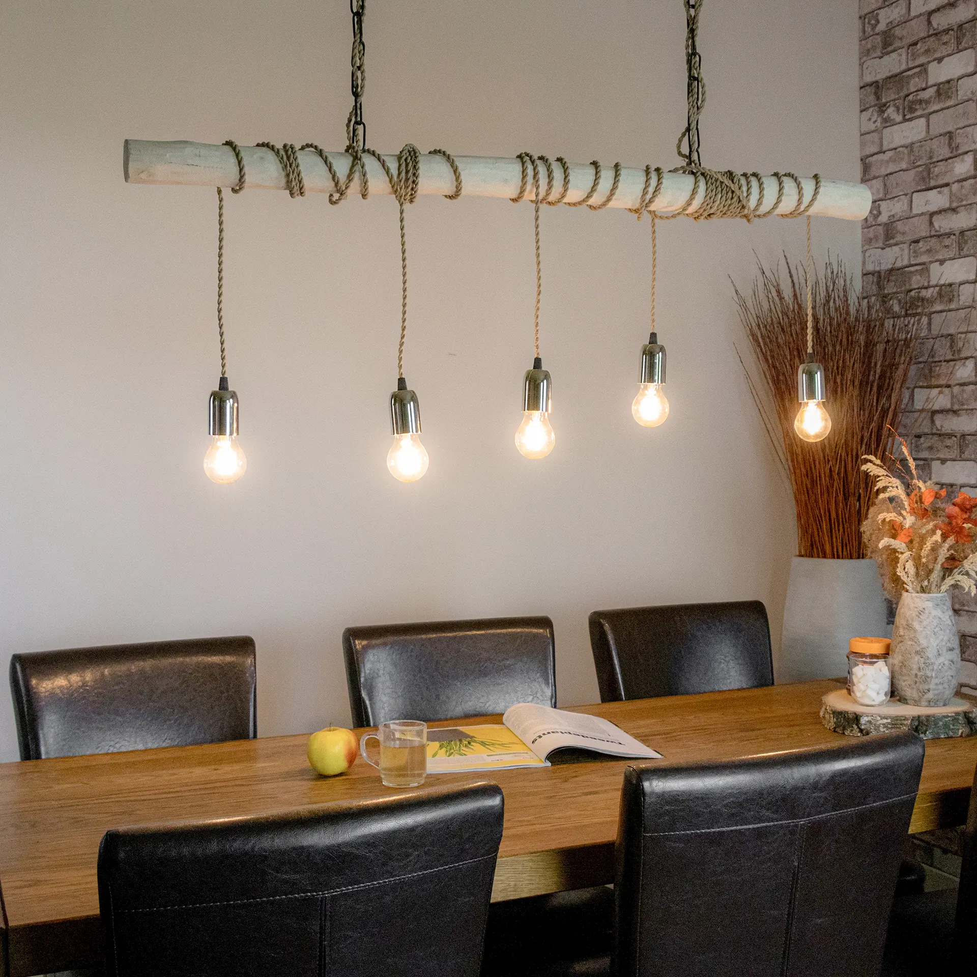 Boomstam hanglamp Met ketting en beige stofkabel B120cm