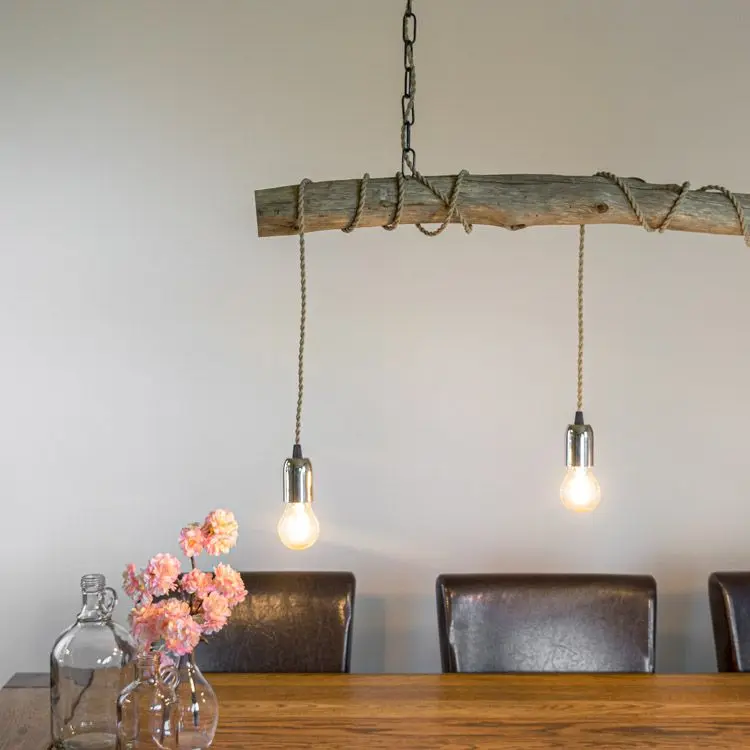 Oud Eikenstam hanglamp Met ketting en beige stofkabel B100cm (3)