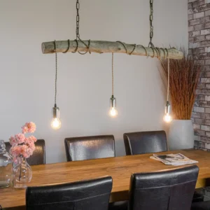 Oud Eikenstam hanglamp Met ketting en beige stofkabel B100cm