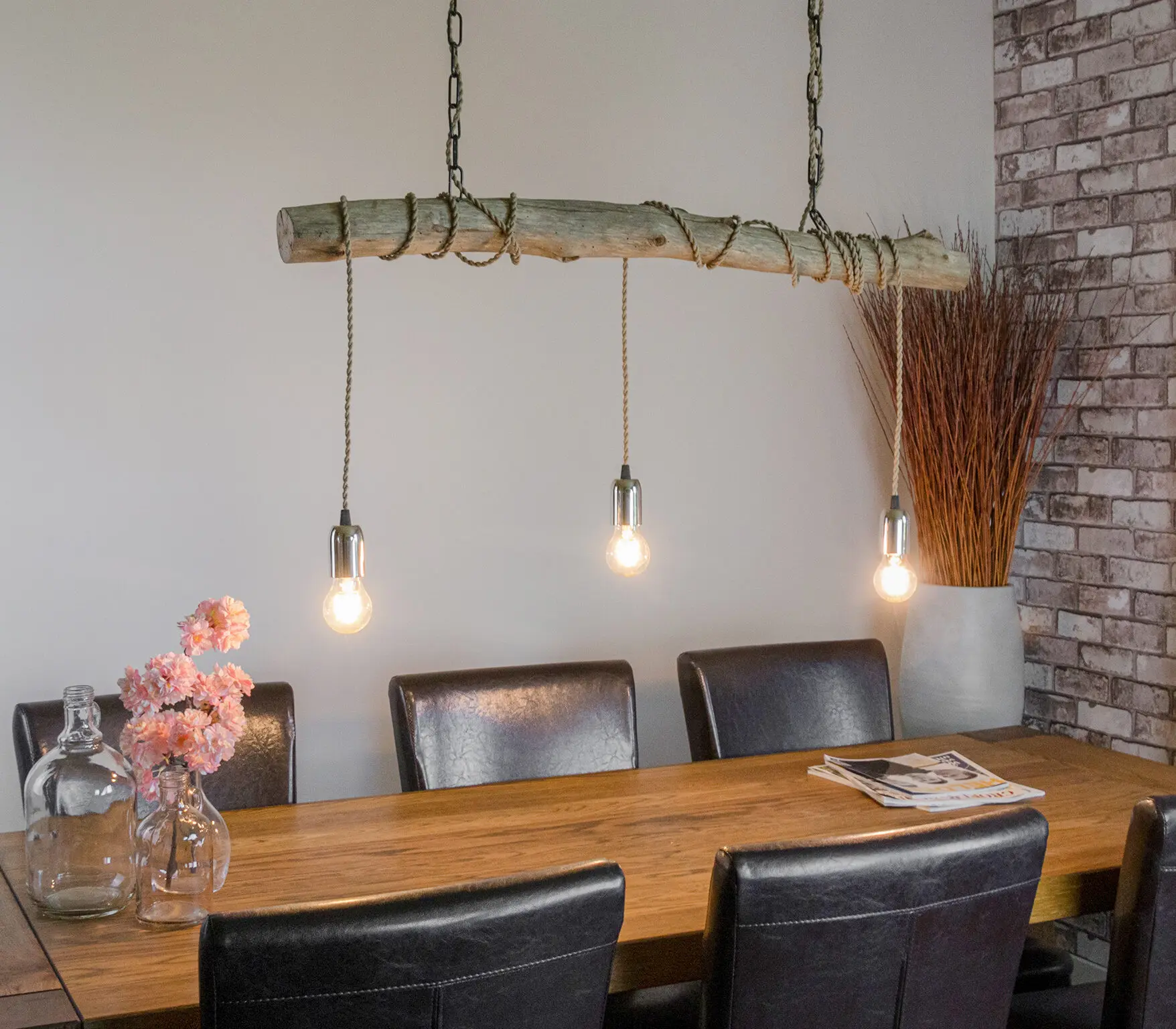 Oud Eikenstam hanglamp Met ketting en beige stofkabel B100cm